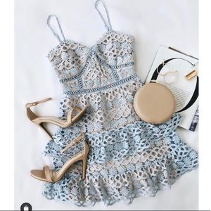 Lulu’s blue Beauty & Lace crochet dress